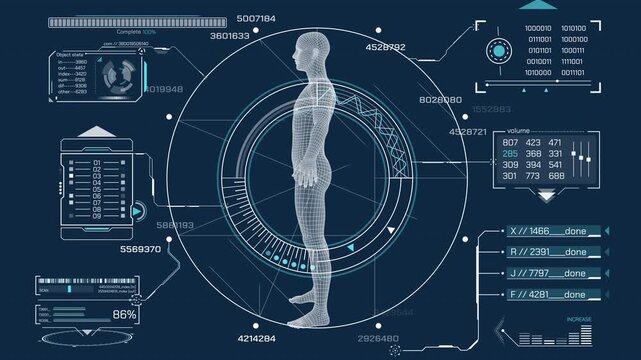 Interface with animated HUD and infographic elements for data research