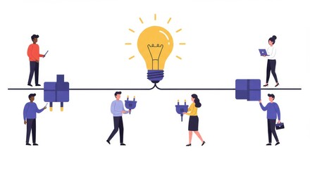 Business Connection Concept. Vector cartoon flat illustration of two groups of diverse people connecting electrical plugs with a light bulb above them. Isolated on background.
