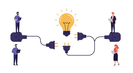 Business Connection Concept. Vector cartoon flat illustration of two groups of diverse people connecting electrical plugs with a light bulb above them. Isolated on background.
