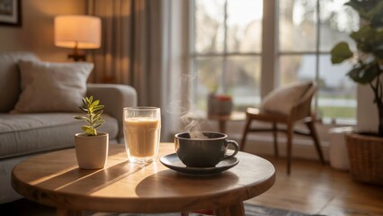 Cozy Morning Still Life Coffee Plant and Sunlight in a Modern Living Room Relaxation Home Decor Interior Design Warm