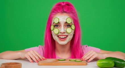 Spa and relaxation. Young woman peeking over table with cucumber slices on face, homemade refreshing mask against green background. Concept of food pop art photography, creativity, quirky style
