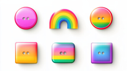 A collection of glossy, colorful round and square buttons, shiny 3D push pins, and rainbow gradient stickers isolated on a white background. Vector illustrations featuring vibrant rainbow colors.