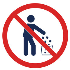 Illustration of person throwing trash into bin with a prohibition symbol indicating no littering is allowed in this area for cleanliness and environmental protection