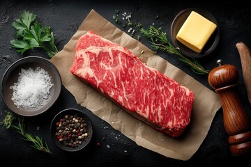 Wagyu denver steak presentation awaits culinary artistry on butcher paper canvas with soft light play