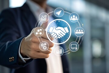 Trusted partner. Trustworthy collaboration, company or contract. Confidence to work together. Businessman turning knob to highest trust levels. Build trust in business and finance relationships.