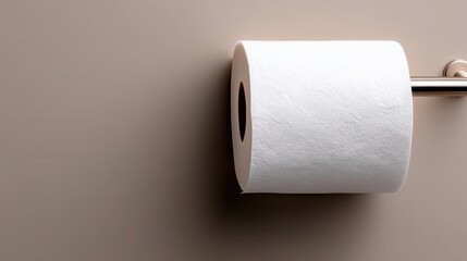 Obraz premium Hanging roll of toilet paper on bathroom wall with a silver dispenser creating a functional space
