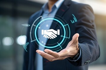Trusted partner. Trustworthy collaboration, company or contract. Confidence to work together. Businessman turning knob to highest trust levels. Build trust in business and finance relationships.
