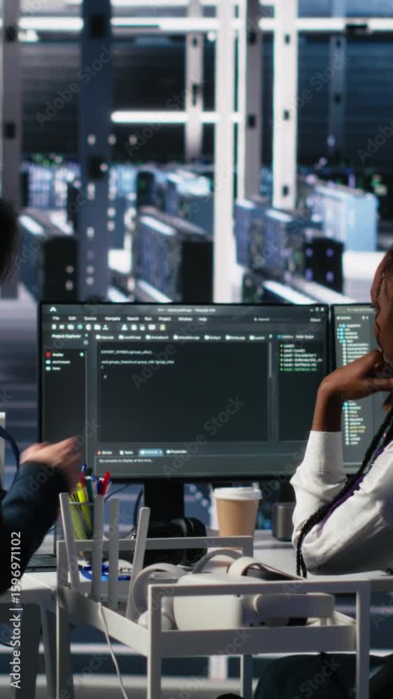 Poster vertical video server room system administrators using ai to review infrastructure diagnostics. it p
