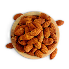 Isolated closeup group of almond dry fruit in bowl, also known in India as Badam, top view, cutout in transparent background, png format