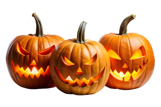 Three carved pumpkins with glowing lights and scary faces, ready for halloween night, isolated on a transparent background
