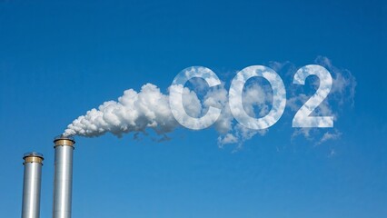 Industrial emissions forming co2 text in blue sky