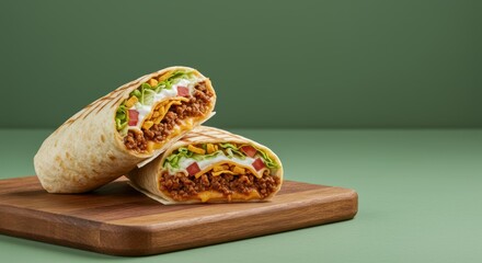 Halved beefy crunch burritos with lettuce and tomato on wooden cutting board against a simple background