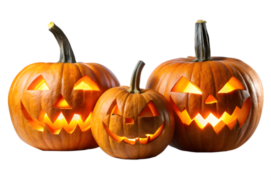 Three carved halloween pumpkins with scary faces, glowing from within, isolated on a transparent background