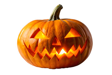 A carved halloween pumpkin with a glowing face, isolated on a transparent background