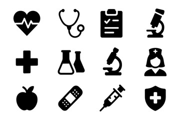 Medical icons set featuring stethoscope, microscope, and healthcare symbols in bold silhouette style