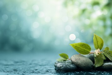 Zen stones with fresh foliage and bokeh light create a peaceful natural aesthetic Perfect for meditation relaxation or spa imagery