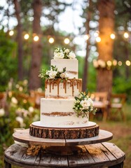 A wedding cake with rustic, bohemian decor displayed outdoors in a lush forest setting