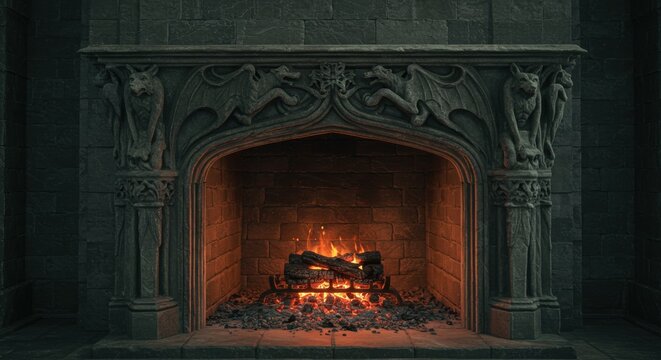 gotica | A beautifully carved stone fireplace with intricate dragon motifs, glowing embers, and a cozy ambiance, set in a medieval-style room with dark stone walls and a warm atmosphere