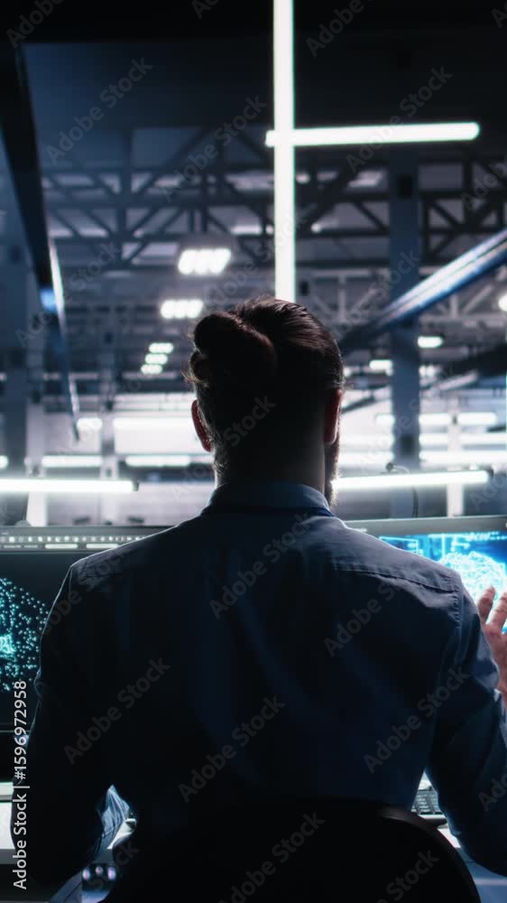 Poster vertical video delighted developer celebrating in data center after successfully coding with generat