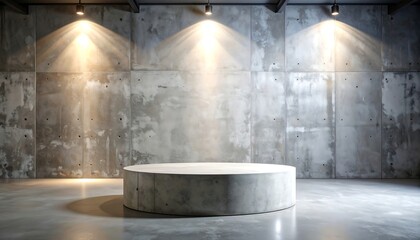 Fototapeta premium Cylindrical concrete podium under spotlights in a minimalist industrial interior with textured gray walls and floor