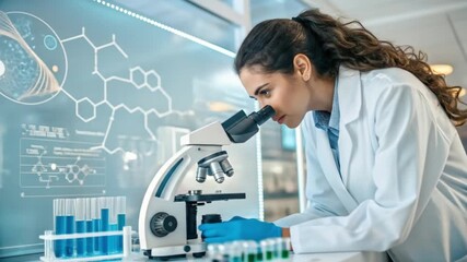 A focused scientist examines a sample under a microscope in a modern laboratory with scientific data displayed - Powered by Adobe