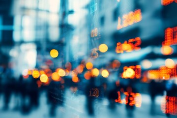 Abstract financial data overlay with pedestrian bokeh in a busy urban setting conveying a sense of market activity and movement
