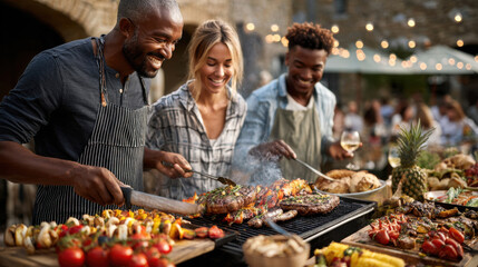 Diverse friends joyfully grill assortment of food at festive outdoor barbecue event, bbq and party concept