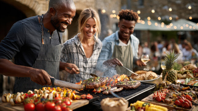 Diverse friends joyfully grill assortment of food at festive outdoor barbecue event, bbq and party concept