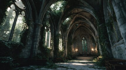 Fototapeta premium Overgrown Cathedral Interior: Nature Reclaiming Gothic Architecture Beauty