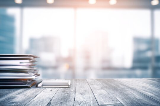 Paperwork stacks up on a wooden desk in a bright office setting suggesting business tasks and documentation in a modern workspace