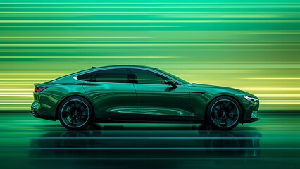 Futuristic sedan in motion with light streaks