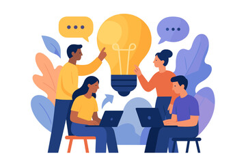 Team collaboration and brainstorming concept with light bulb and diverse characters