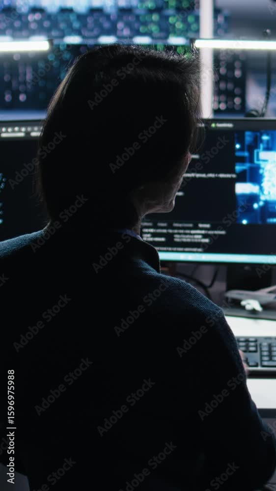Poster vertical video data center system administrator working on artificial intelligence neural network so