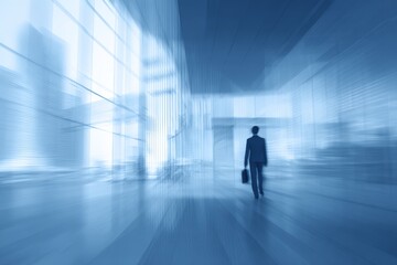 A person in a suit walks through a modern office building The interior is clean and bright with large windows offering lots of natural light