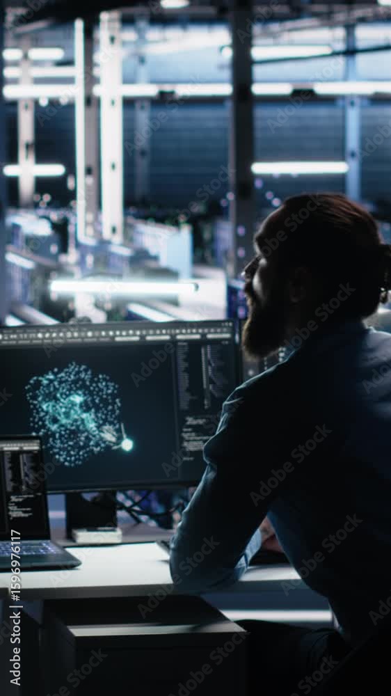 Poster vertical video senior programmer and coworker in data center coding with generative ai assistance. t