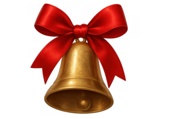 Golden bell with red bow isolated on transparent background, perfect for christmas or festive projects