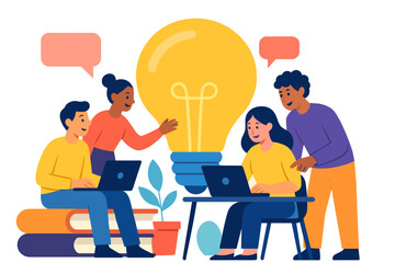 Creative teamwork and innovation concept with diverse people and light bulb