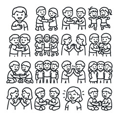 Playful childhood moments icon collection. kids, friends, games, smiles, play, joy, linear vector icons.