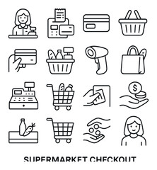 Supermarket checkout icon collection. simple line art cashier, cart, basket, card, shopping bag vector icons