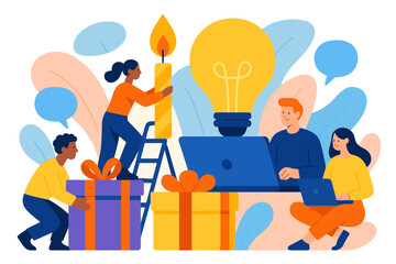 Creative teamwork and collaboration concept with gift boxes and light bulb