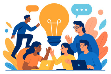 Creative teamwork and brainstorming concept with diverse people and light bulb idea