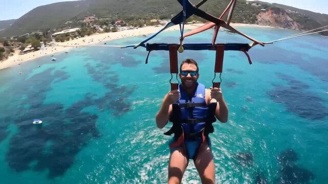 A man parasailing over the ocean with thumbs up wearing a life vest and sunglasses smiling