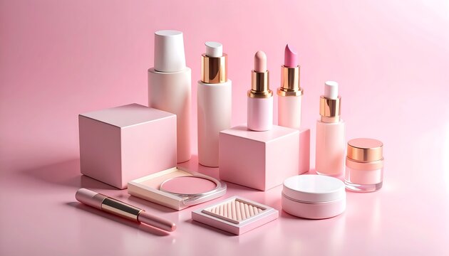 Pink makeup products arranged on geometric blocks with a pink background studio shot