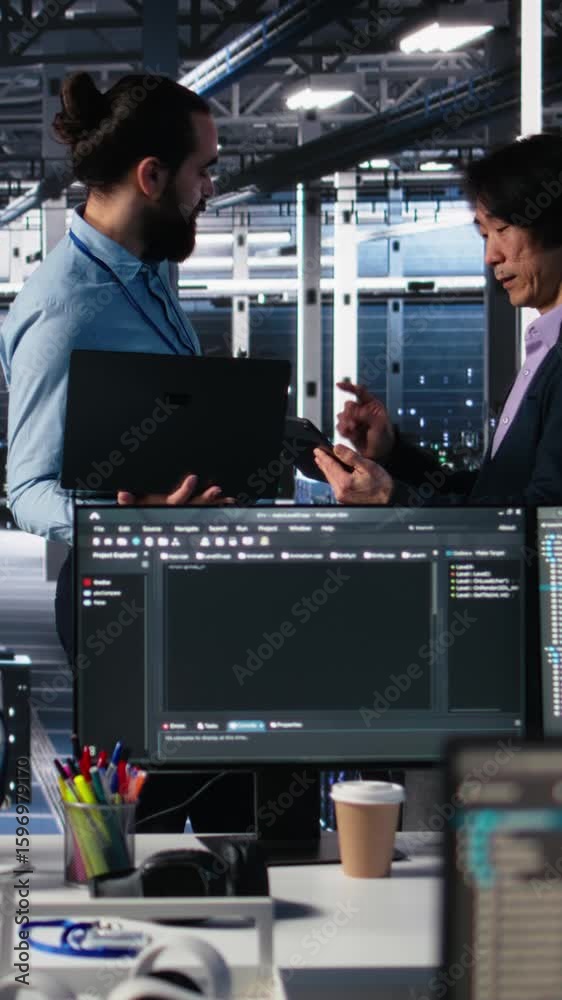 Poster vertical video data center manager supervising work done by programmers working on neural network so