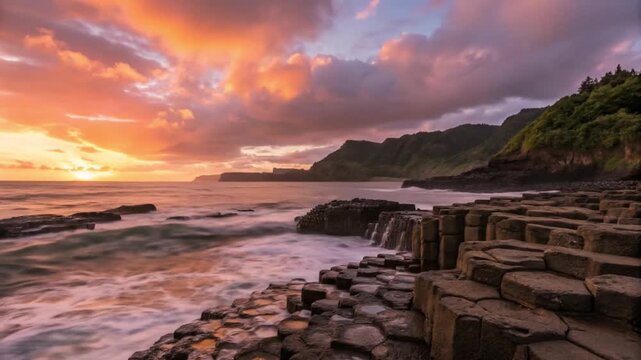 Dramatic sunset paints the sky with vibrant colors over the hexagonal basalt columns and crashing waves at the giants causeway