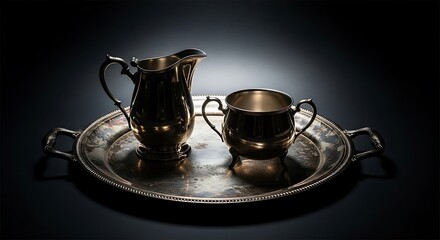 Elegant silver creamer and sugar bowl rest on an ornate serving tray, dramatically lit against a dark background.