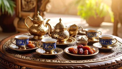Fototapeta premium Gold and blue tea set on a wooden table, with dates