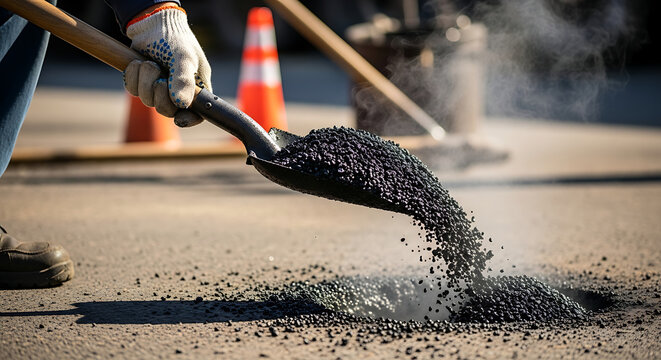 Asphalt Repair A worker fills a pothole with asphalt to restore the road to its former condition, ensuring safe travel. Pothole fix and roadworks. 