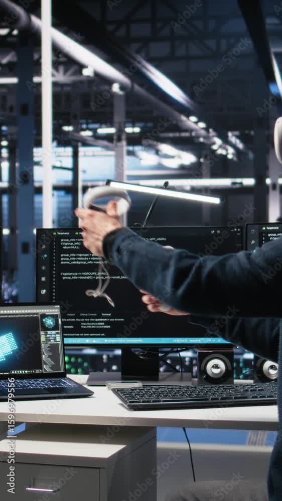 Poster vertical video data center engineer using virtual reality, working on neural network software develo