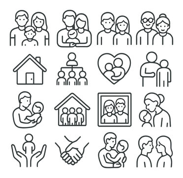 Family icon collection. linear family icons: parents, siblings, children, home, love, care vector icons.